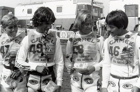 This is an image of The Young Danny LaPorte, Donnie Hansen, Johnny O'Mara and Chuck Sun at a Motocross race in 1981 in Beilstein, Germany